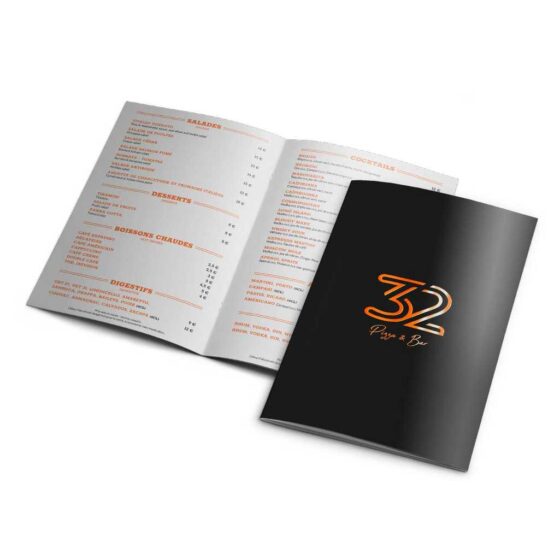 Restaurant le 32 - Création et impression menus de restaurant et porte-menus - menu livret Antibes Dreampix communication